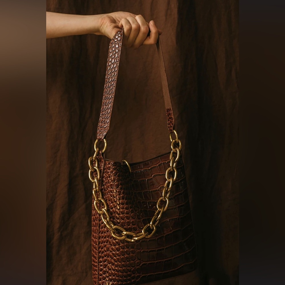 Dark brown croc mini bucket bag